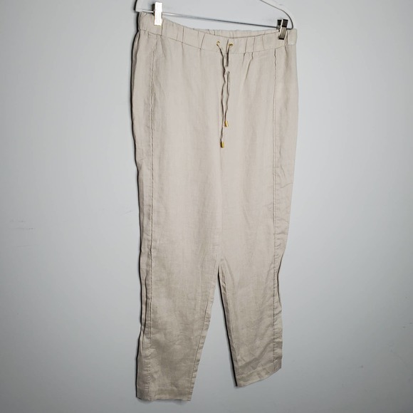 ELLEN TRACY Cream 100% Linen Drawstring Jogger Pants Sz Medium M - Picture 2 of 7